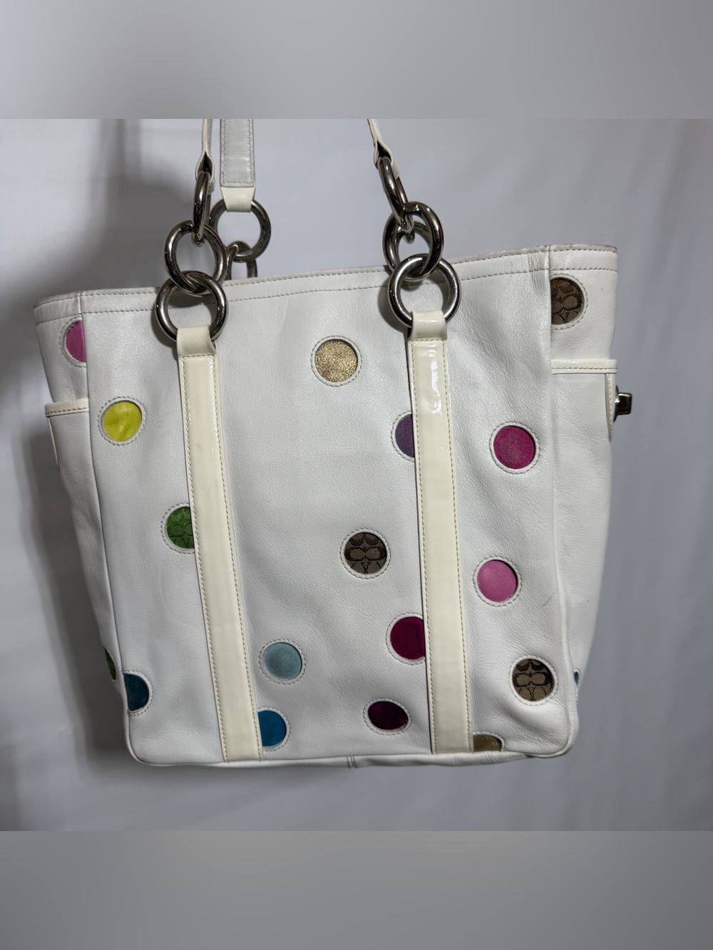 Coach β’ 9763 White Leather Multicolor Polka Dot Gallery Tote Shoulder Bag Y2K - Picture 11 of 16